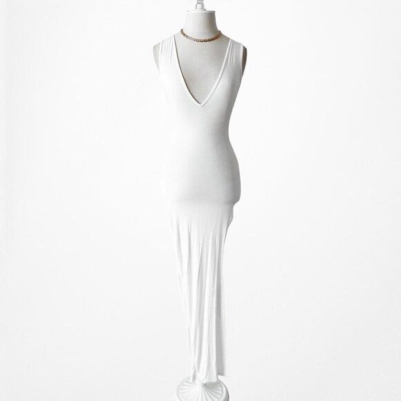 Nasty Gal White Knit V-Neck Slit Maxi Bodycon Cover Up Beach Dress Size S - Picture 4 of 7